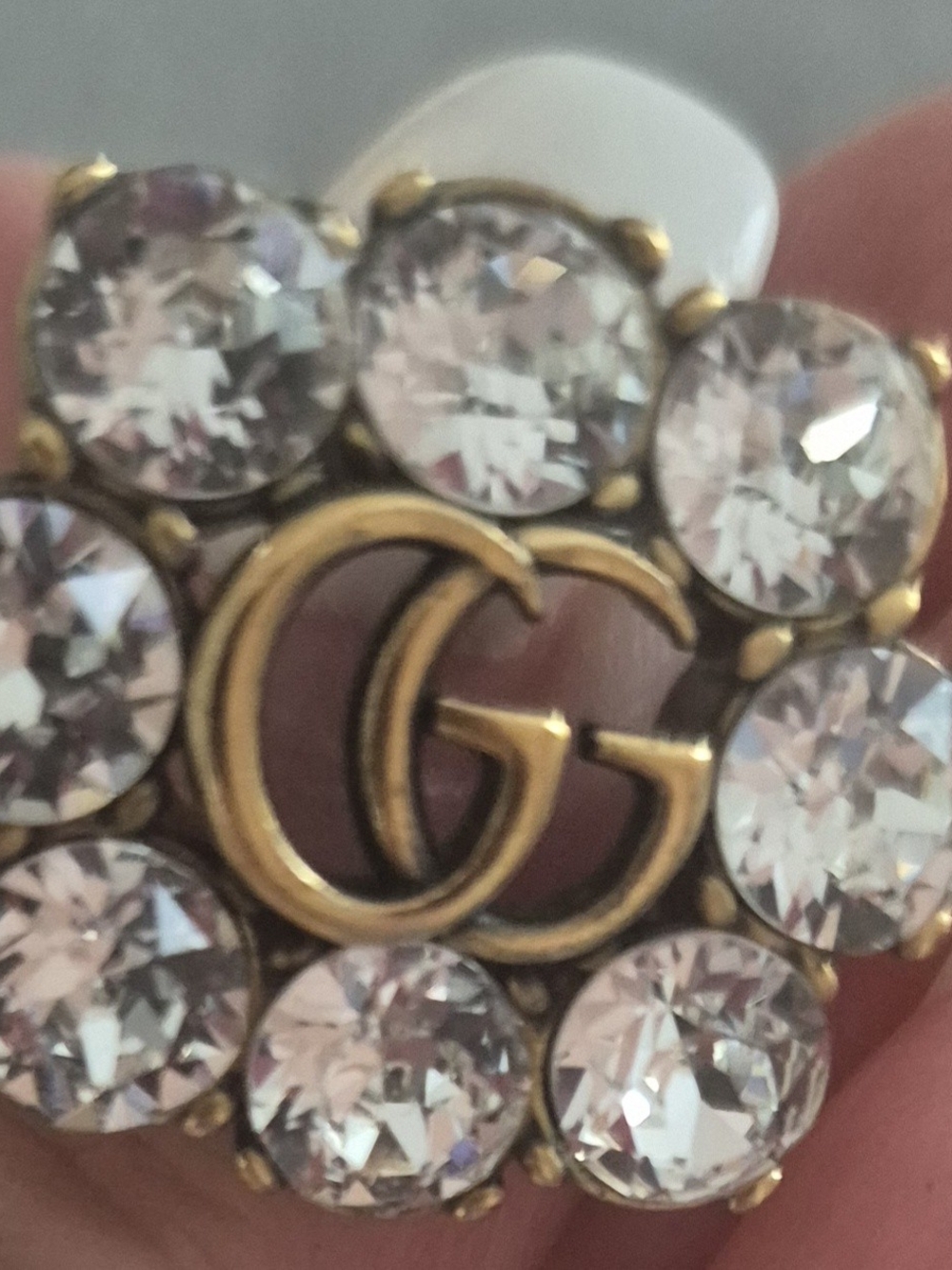 Gucci Gold Double G Brooch with Clear Crystal Accents